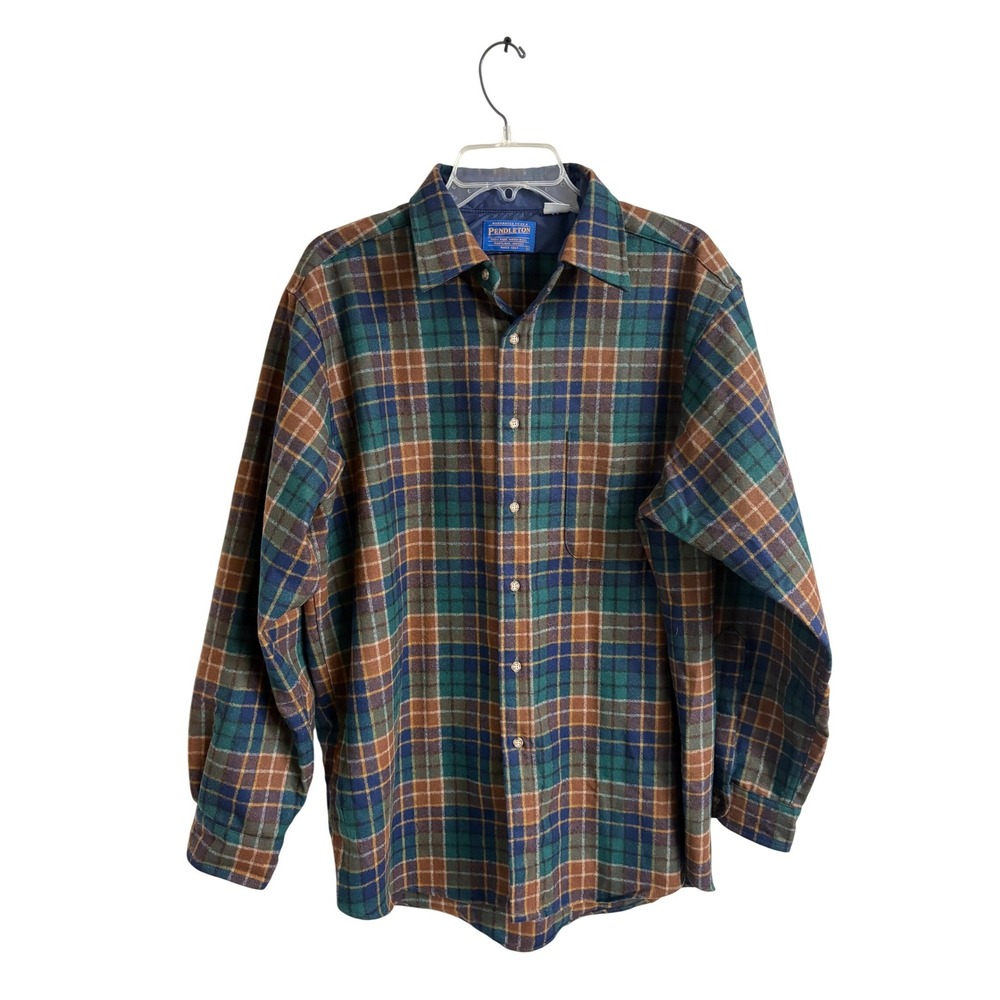 Pendleton Mens L Plaid 100% Virgin Wool Flannel Shirt Green Blue Brown